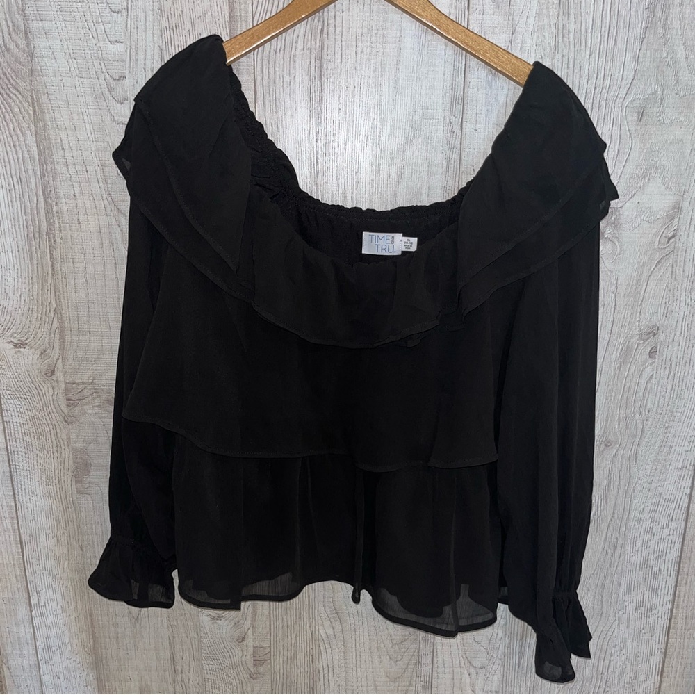NEW! Time and Tru Black Long Sleeve off-the-shoulder Ruffle Blouse Top NWT - XL - Picture 8 of 16